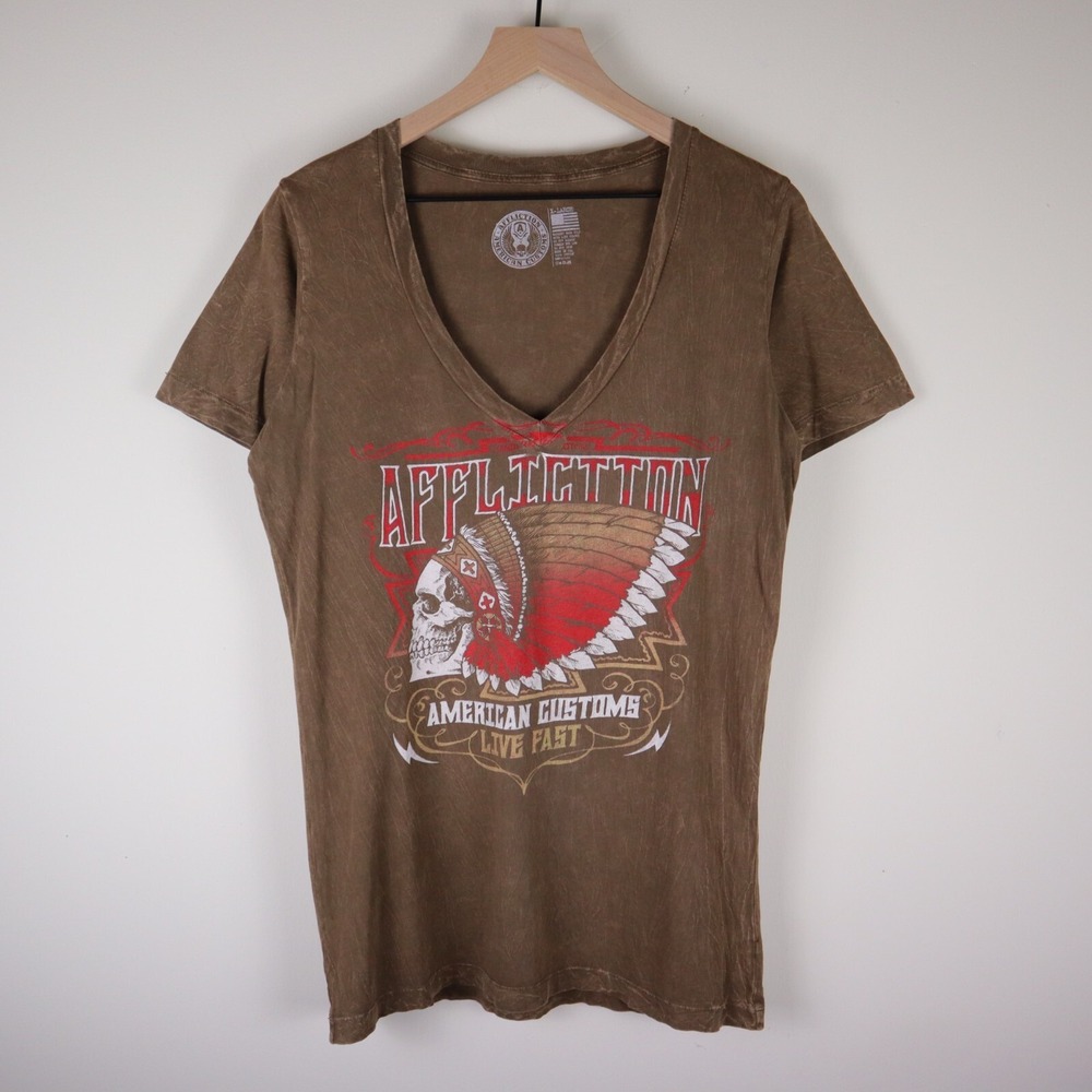 Affliction‎ Indian Head Skull V-Neck Women's Shirt Brown Size XL 18.5x29.5